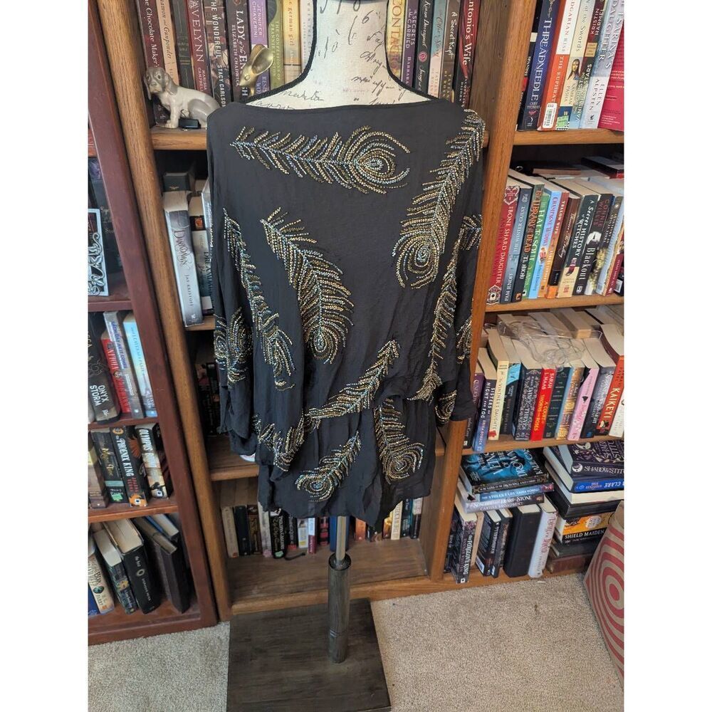 VTG Boyod Black Beaded Peacock Feather dess 1980s Art Deco Style Sequin dress XS